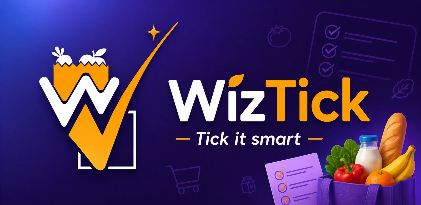 WizTick grocery list app banner with Plan it, Tick it, Remember it
