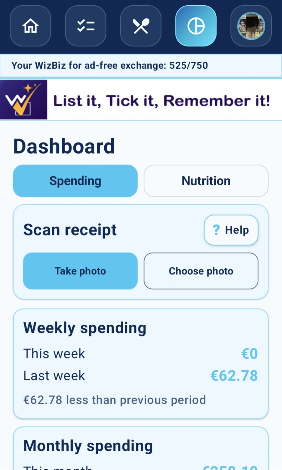 WizTick grocery spending dashboard for budget and price monitoring