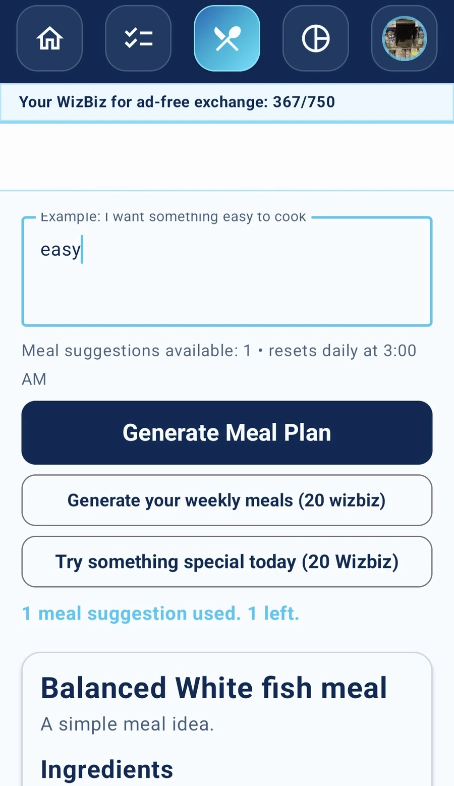 WizTick meal planner grocery list screen